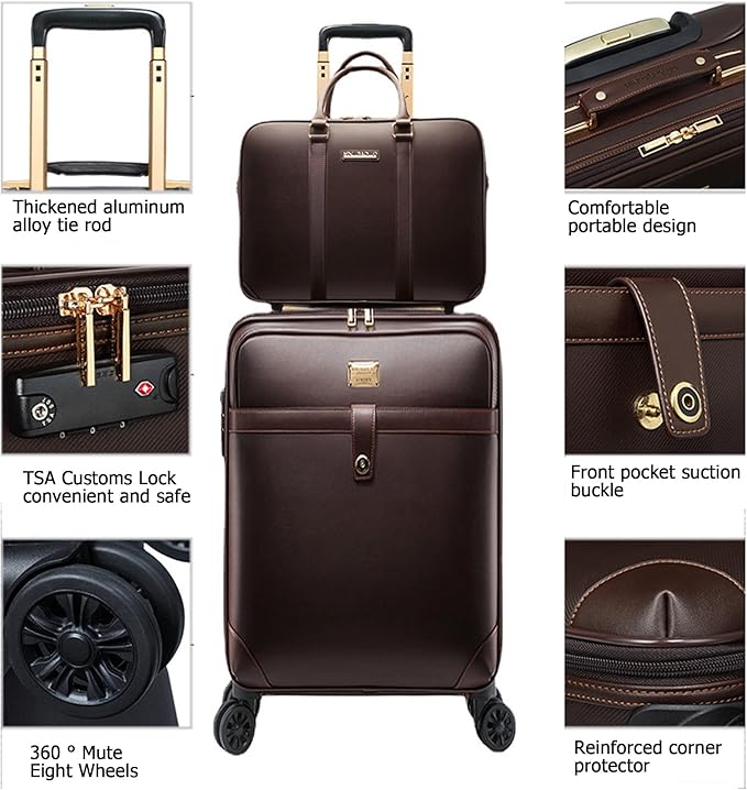 feilario 2Pcs Leather Business Spinner Wheel Luggage Waterproof Carry-On Suitcase with TSA Lock - Capacity 36-55L