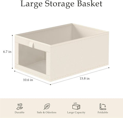 Criusia Closet Organizers and Storage, 4 Pack Linen Closet Baskets with Mesh Window for Organization, Foldable Closet Organizer for Clothing, Towels, Toys, Nursery, Books, Shelves, Beige