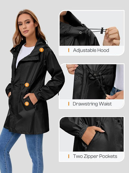 SaphiRose Women's Lightweight Long Rain Jacket Packable Raincoat Hooded Outdoor Trench Coats