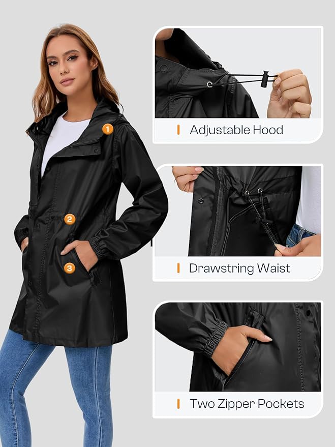 SaphiRose Women's Lightweight Long Rain Jacket Packable Raincoat Hooded Outdoor Trench Coats
