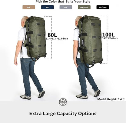 STOVER 80L Rolling Duffel Bag with Wheels, Large 31 Inch Durable Travel Duffle Bag + Toiletry Bag, Heavy Duty, Packable, Foldable w/Shoulder Straps- Use as Luggage or Backpack, Men/Women (Tan)