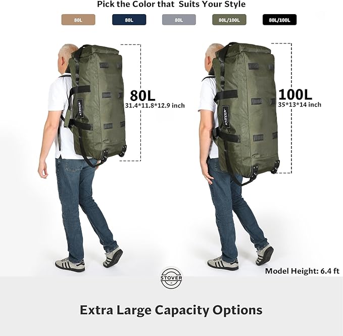 STOVER 80L Rolling Duffel Bag with Wheels, Large 31 Inch Durable Travel Duffle + Toiletry Bag, Heavy Duty, Packable, Foldable w/Shoulder Straps- Use as Luggage or Backpack, Men/Women (Blue)