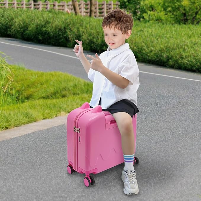 Kids Ride-On Suitcase, 18" Rolling Luggage With Lock, 33.6qt Internal Capacity, Carry on Hardside Trolly Case for Short Trips, Study Tours, Outings (Pink)