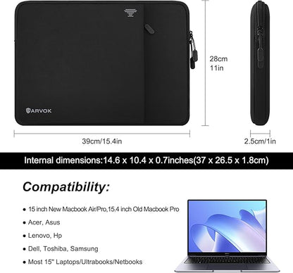 ARVOK 15 15.6 16 Inch Laptop Sleeve with Front Pocket, Shockproof 360 Protective Laptop Case Briefcase Handbag, Computer Carrying Bag Compatible with MacBook Air/Pro, Lenovo/HP/Dell/Asus/Acer, Black