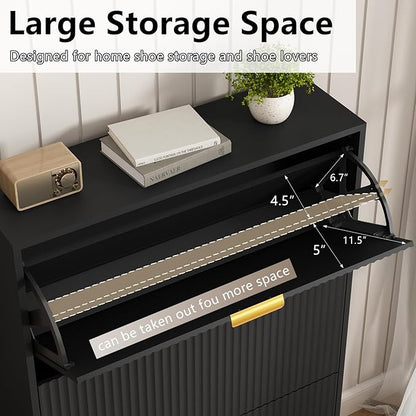 Shoe Storage Cabinet with 3 Flip Drawers, 31.5" W Fluted Shoe Cabinet for Entryway, Hidden Shoe Cabinet Storage, Narrow Free Standing Shoe Orgnaizer Rack Cabinet for Foyer Hallway, Black