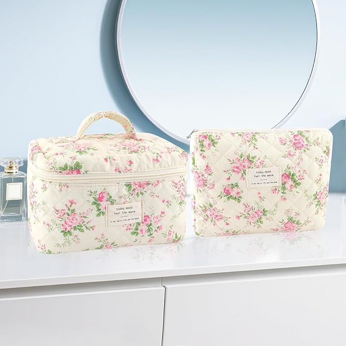 2Pcs Cotton Quilted Makeup Bag for Women Extra Large Small Travel Cosmetic Bag Set Cute Pink Floral Print Makeup Pouch Portable Toiletry Bag Organizer Coquette Vintage Puffy Travel Essential