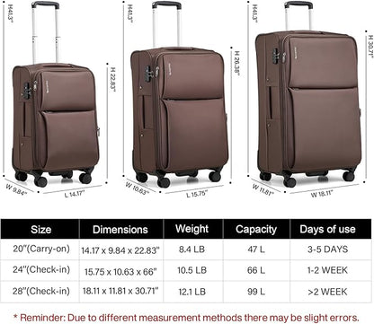 Hanke 24 Inch Luggage Expandable Softside Checked Suitcases with Spinner Wheels, Upright Rolling Luggage Suitcases Travel TSA Luggage Bag for Women Men(Coffee)