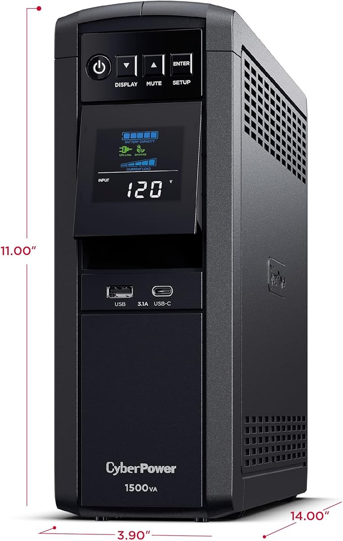 CyberPower CP1500PFCLCD PFC Sinewave UPS Battery Backup and Surge Protector, 1500VA/1000W, 12 Outlets, AVR, Mini Tower; UL Certified
