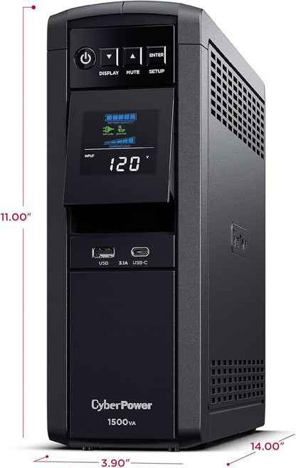 CyberPower CP1500PFCLCD PFC Sinewave UPS Battery Backup and Surge Protector, 1500VA/1000W, 12 Outlets, AVR, Mini Tower; UL Certified