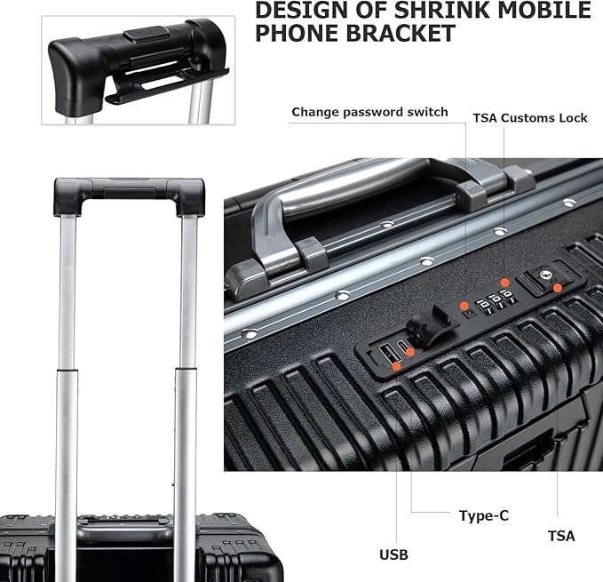 feilario 24in Aluminium Frame Zipperless PC Hard Shell Spinner Wheels Luggage, Built-In TSA lock Carry on Suitcase, with Cup Holder, USB Port, Phone Holder