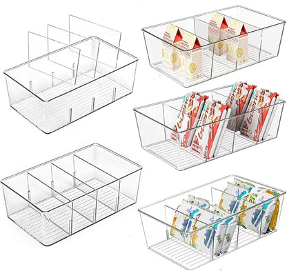 5 Pack Pantry Organizers and Storage,Clear Plastic Bins for Kitchen,Fridge,Drawer Organization and Storage,4 compartment Snack Containers for Spice Packets,Tea bag