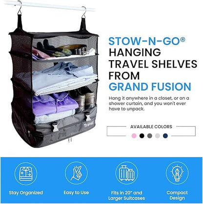 Grand Fusion Stow-N-Go Travel Luggage Organizer – Portable Hanging Travel Shelves, Carry-On Closet Organizer, Hanging Packing Cubes, Collapsible Carry-On Organizer for Cruises & Hotels. Black - XL