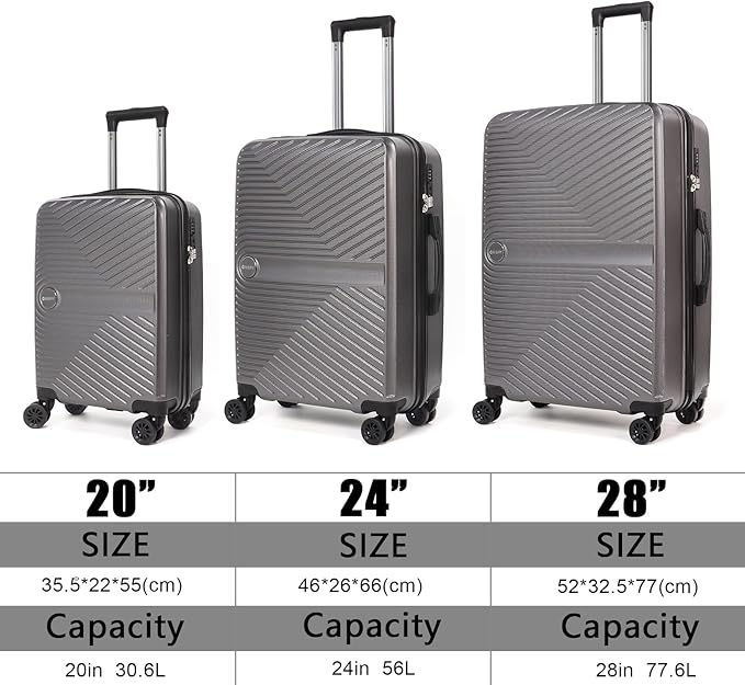 Luggage Set 3 Pieces -Suitcase Set - Carry on Luggage with Wheels - Check-in Luggage - PC + ABS Durable Suitcase Rotating Silent Wheels 3-Piece 20/24/28 Grey