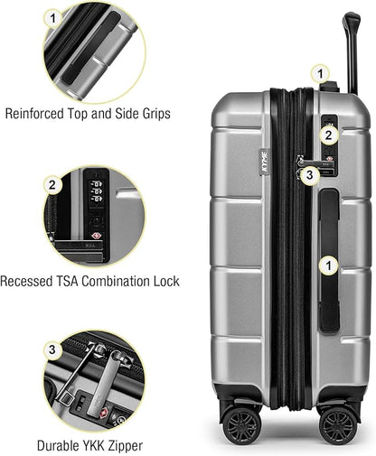 KYME Carry On Luggage 22x14x9 Airline Approved Hardshell 20 Inch with TSA Lock Carry On Suitcase with Wheels Small Travel Rolling Luggage with Cup Holder for Women Men Silver