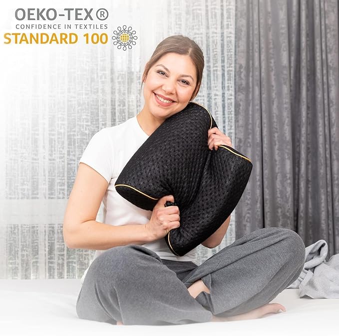alkamto Travel & Camping Comfortable Memory Foam Pillow – Easy to Carry Portable Bag – Temperature Regulating Pillow Case (Black Contour + Extra Cover)