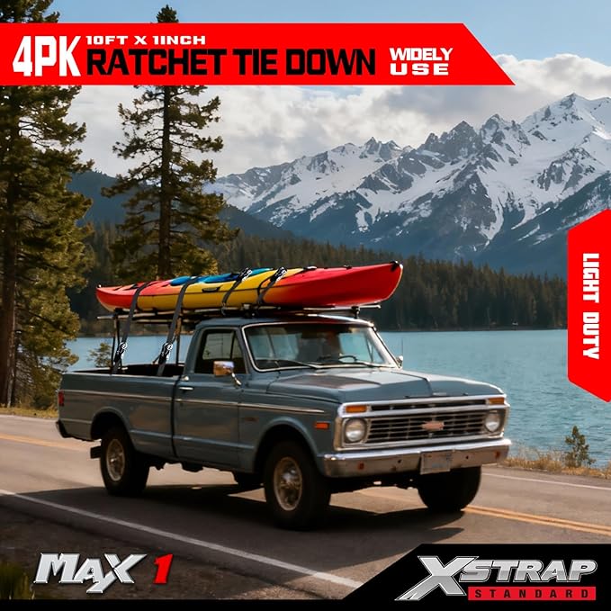XSTRAP STANDARD Ratchet Tie Down Straps 4 Pk 10 Ft- 300 Lbs Load Cap- 900 Lbs Break Strength-Cargo Straps for UTV, ATV, Pickup,Truck, Moving Appliances, Lawn Equipment, Black