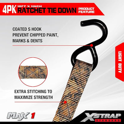 XSTRAP STANDARD Ratchet Tie Down Straps 4 Pk 10 Ft- 300 Lbs Load Cap- 900 Lbs Break Strength-Cargo Straps for Hunting, UTV, ATV, Pickup, Truck, Moving Appliances, Lawn Equipment, Camouflage
