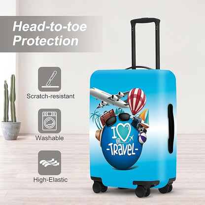 "I Love to Travel" Luggage Cover Set, Adventure Themed Suitcase Protector with Passport Stamp Prints, Elastic Fit for 18-32 Inch Bags, Wanderlust Gifts for Couples
