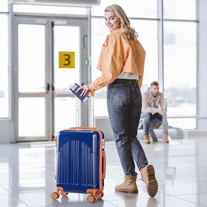 Karl home 28 Inch Check-in Luggage with Spinner Wheels, ABS Hardshell Checked Suitcase with TSA Lock, Durable Large Suitcase Rolling Luggage for Men Women, Navy Blue & Brown