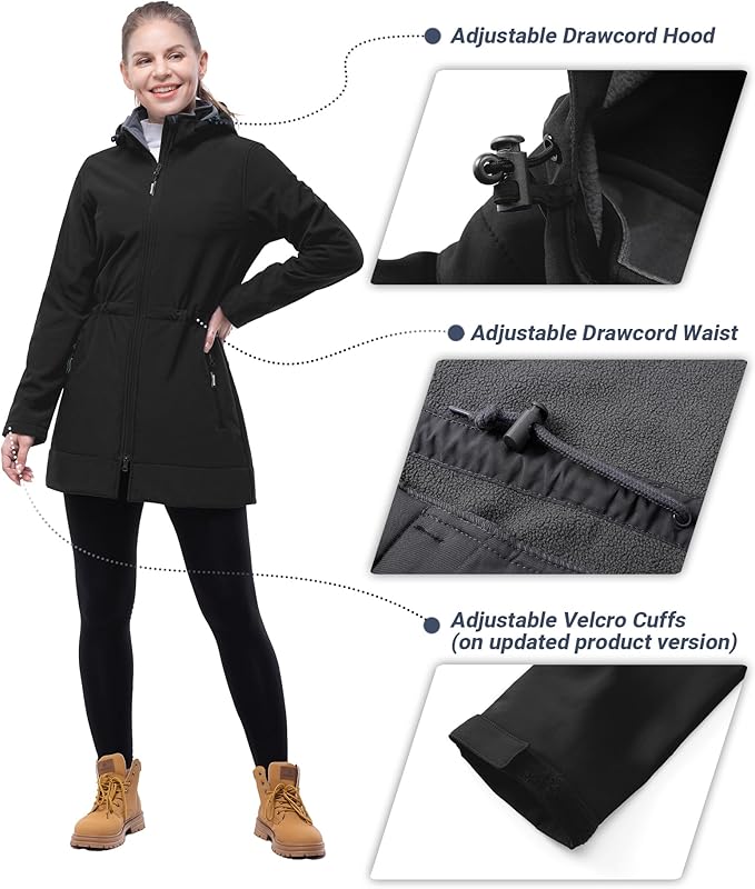 Outdoor Ventures Women's Softshell Jacket with Removable Hood Fleece Lined Windbreaker Insulated Long Warm Rain Jacket
