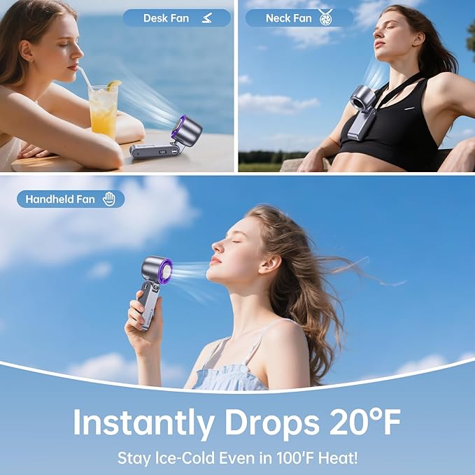 Handheld Portable Fan with Ice Cooler: 100-Speed 5500mAh Rechargeable Handheld Fan, 12H Time Hand Cooling Personal Fans with 20000 RPM Air Turbo Tech for Travel Outdoor
