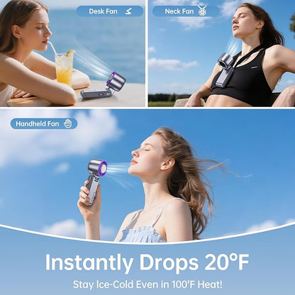 Handheld Portable Fan with Ice Cooler: 100-Speed 5500mAh Rechargeable Handheld Fan, 12H Time Hand Cooling Personal Fans with 20000 RPM Air Turbo Tech for Travel Outdoor
