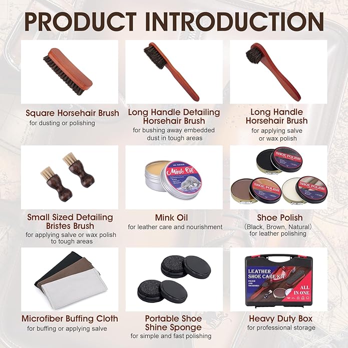 15pcs Shoe Shine Kit, Shoe Polish Kit, Leather Boot Care Kit, with Horsehair Brush&Wooden Applicator – Portable Travel Shoe Polish Kit for Brown/Black/Neutral Shoes