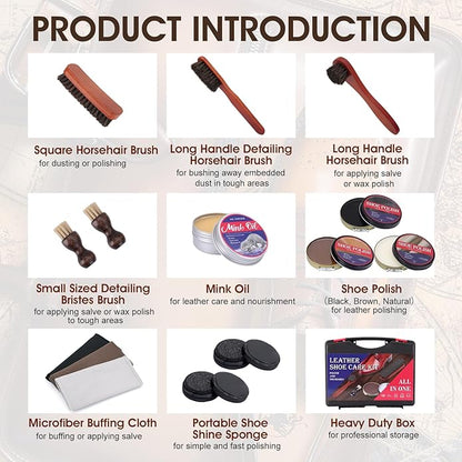 15pcs Shoe Shine Kit, Shoe Polish Kit, Leather Boot Care Kit, with Horsehair Brush&Wooden Applicator – Portable Travel Shoe Polish Kit for Brown/Black/Neutral Shoes