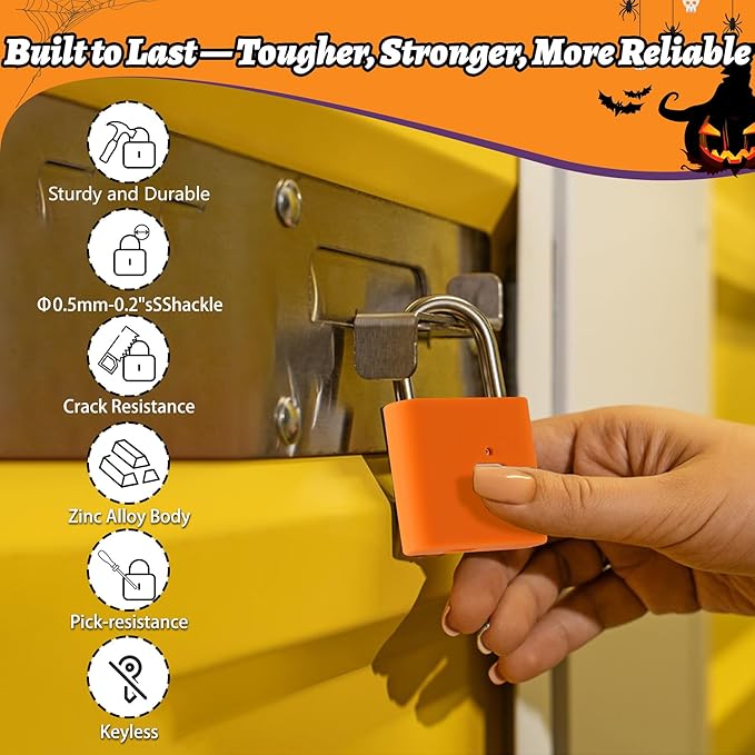UMIKSMART Padlock, Keyless Fingerprint Padlock with USB Charging, Gym Lockers, School Lockers, Luggage, Storage Boxes, Cabinets, Backpack, Halloween Gifts (Pumpkin Glow Orange)