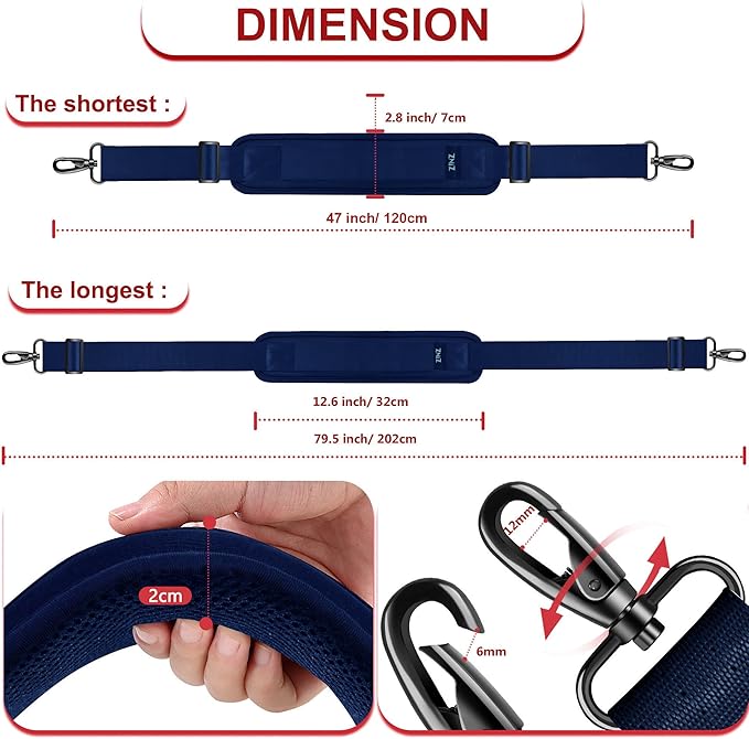 ZINZ 79.5" Universal Strap with Ultra-Thick Fixed Breathable Pad - Adjustable Heavy-Duty Shoulder Strap for Laptop, Crossbody, Luggage, Gym, Camera Bag and More - D01B01