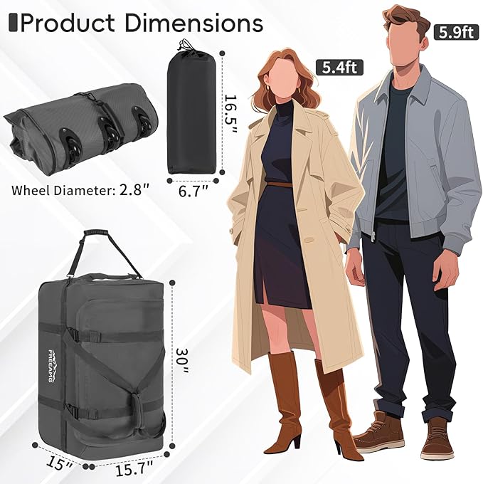 116L Foldable Rolling Duffel Bag with 3 Wheels And Handle, 30 inch Large Travel Duffle Bag for Travel, Camping, Outdoors