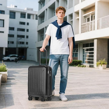 KYME Carry on luggage 22x14x9 Airline Approved Suitcase Hardshell With Double Spinner Wheels, PC+ABS TSA Lock Travel Luggage (Black, 20" Carry On)