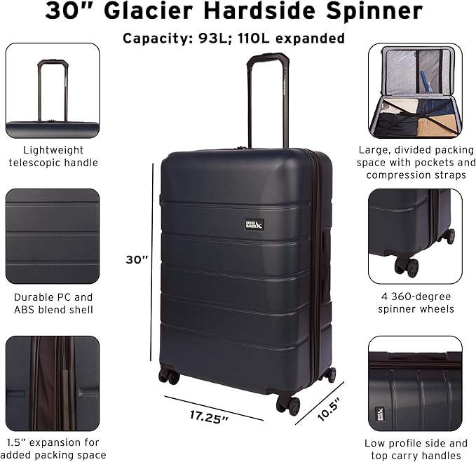 Eddie Bauer Glacier Hardside Spinner Durable PC/ABS Construction Suitcase Luggage, 30", Carbon
