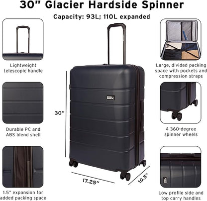 Eddie Bauer Glacier Hardside Spinner Durable PC/ABS Construction Suitcase Luggage, 30", Carbon