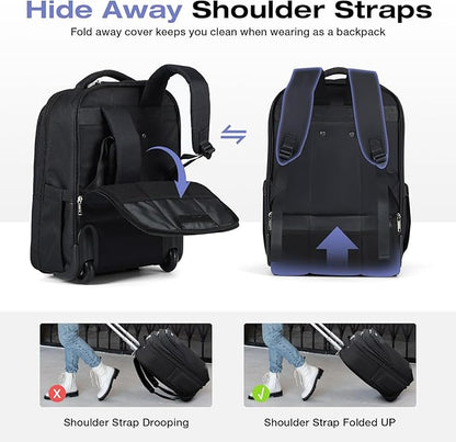 Rolling Backpack for Adults,18 Inch Waterproof Carry-on Back pack with Wheels, Wheeled Carry-on Luggage, Travel Bag for Men Women， Trolley Laptop Backpacks, Black Large