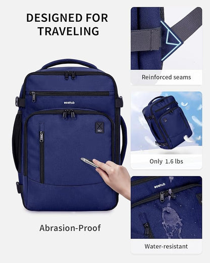 ECOHUB 17" Small Travel Backpack, United Airlines Personal Item Bag 17x10x9 with 16 Pockets, Water Resistant Rucksacks Fit 15.6" Laptop, AirTag Pocket, Lightweight Casual Daypack, 25L, Blue