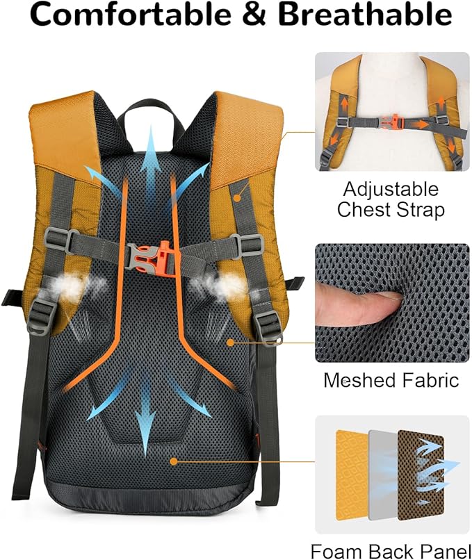 15L Small Padded Hiking Backpack with Chest Strap for Men Women, Lightweight Waterproof Daypack for Travel, Yellow