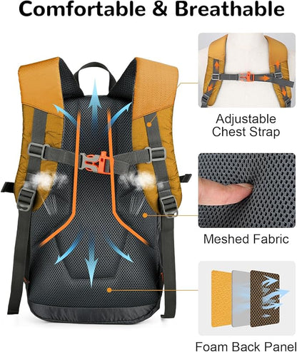 15L Small Padded Hiking Backpack with Chest Strap for Men Women, Lightweight Waterproof Daypack for Travel, Yellow
