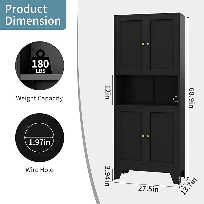 69" Tall Metal Kitchen Pantry Storage Cabinet with Microwave Stand | White | Modern Freestanding Food Buffet Cabinet | Kitchen Hutch | Coffee Bar Hutch for Dining & Living Room