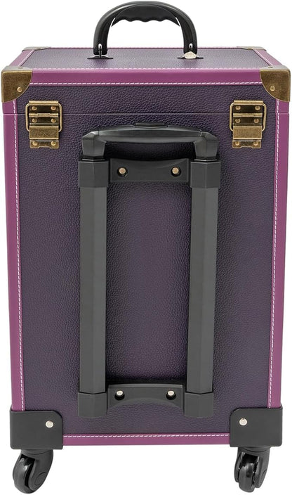 Rolling Makeup Case w/ 2 Keys, 3-tier Lockable Makeup Train Case w/ Drawers, Removable Baffle Nail Polish Organizer, Travel Cosmetic Case w/ 17.7in Telescopic Rod, 14.2*9*19.3in, Bronze Latch+Purple