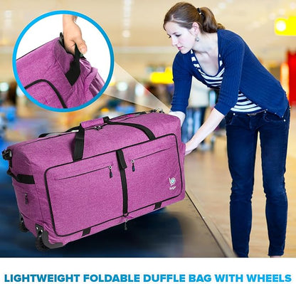 Bago Rolling Duffle Bag with Wheels - 31" 120L Foldable Weekender Bag, Waterproof Travel Duffel Bag, Heavy Duty Lightweight Duffle Bag for Traveling, Rolling Duffel Bag with Wheels (SnowPurple2024)