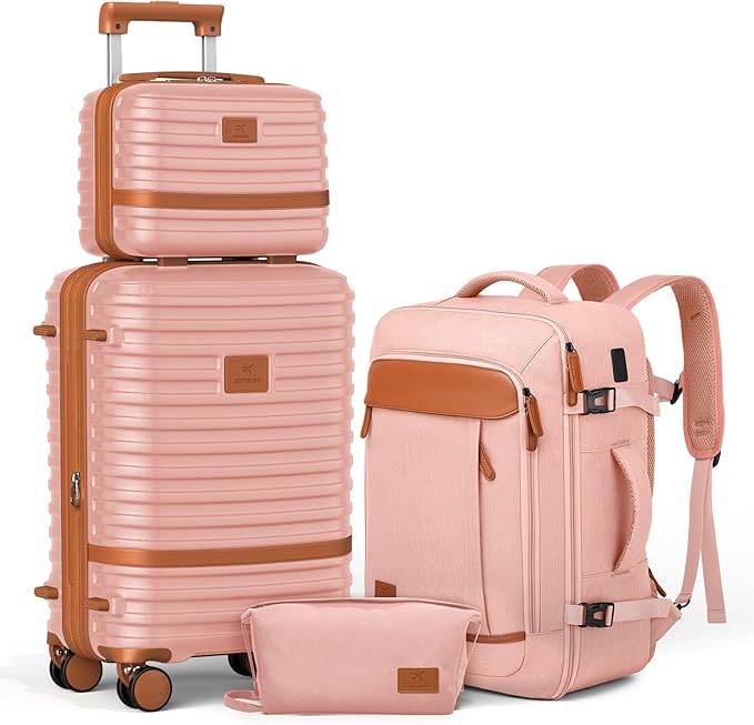 Joyway Expandable Carry on Luggage Sets Airline Approved, Lightweight Hard Shell 20 Inch Carry-on Suitcase with Spinner Wheels, Pink Brown
