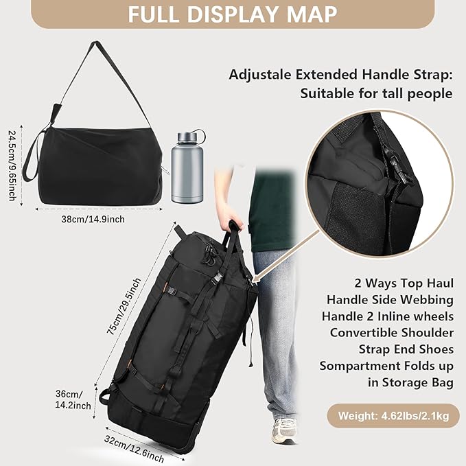 CONTAIL 86L Wheeled Duffel Bag, Soft Shell with Adjustable Web Handles, Carry On Size 29.5x14.2x12.6in, Foldable with Dual Wheels & Shoe Compartment,Black