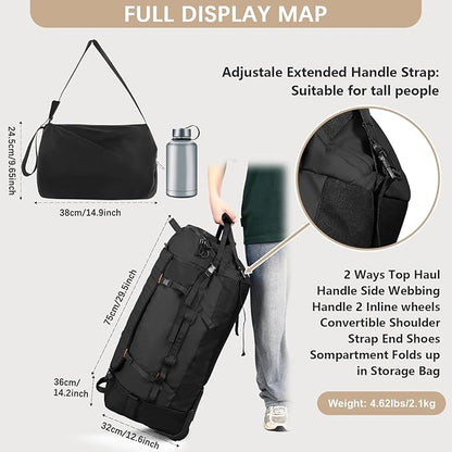 CONTAIL 86L Wheeled Duffel Bag, Soft Shell with Adjustable Web Handles, Carry On Size 29.5x14.2x12.6in, Foldable with Dual Wheels & Shoe Compartment,Black