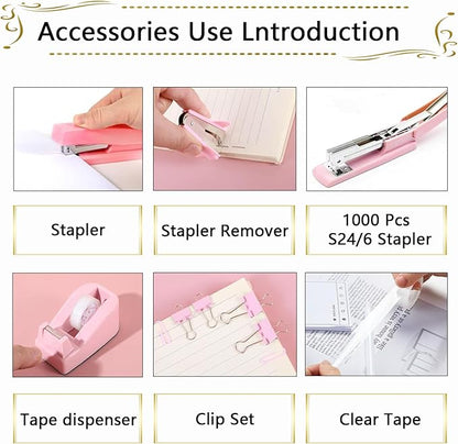 Office Supplies,Desk Accessories, Stapler and Tape Dispenser Set for Women with Stapler, Tape Dispenser, Staple Remover, Staples, Clips, Scissor and Tabs,Gift for Students, Coworkers