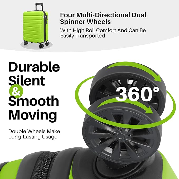 AnyZip Carry On Luggage 21" Hardside PC ABS Lightweight USB Suitcase with Wheels TSA Lock for kids AppleGreen
