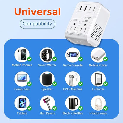 2000W Voltage Converter, 220V to 110V Converter for Hair Dryers PC Phone Kettle, Universal Travel Plug Adapter for 230+ Countries, 7 in 1, 3 AC/2 USB/2 Type-C Ports