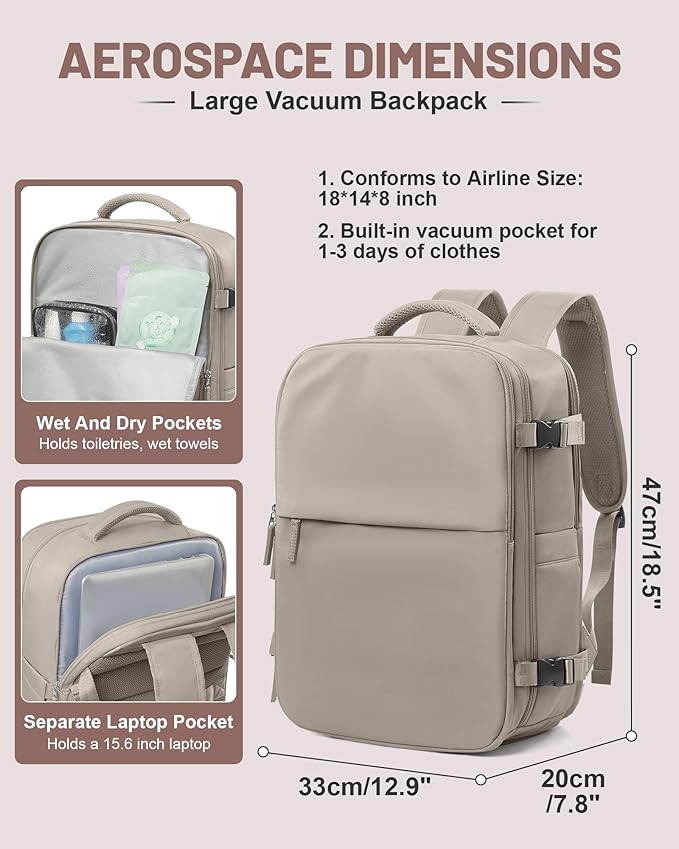 Vacuum Backpack With Pump Large Travel Laptop Backpacks For Women Men Carry On Backpack Vacpack Backpacks With Vacuum Compression Brown
