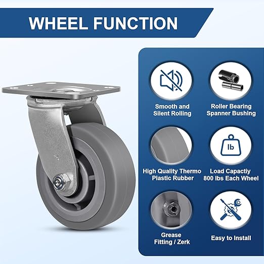 5"x2" Rubber Wheels (Flat Tread)- Heavy Duty Casters, Industrial Caster Wheels- Set of 4 with up to 3200 LB Capacity- Use for Dollies, Workbench(2 Swivel &2 Rigid)