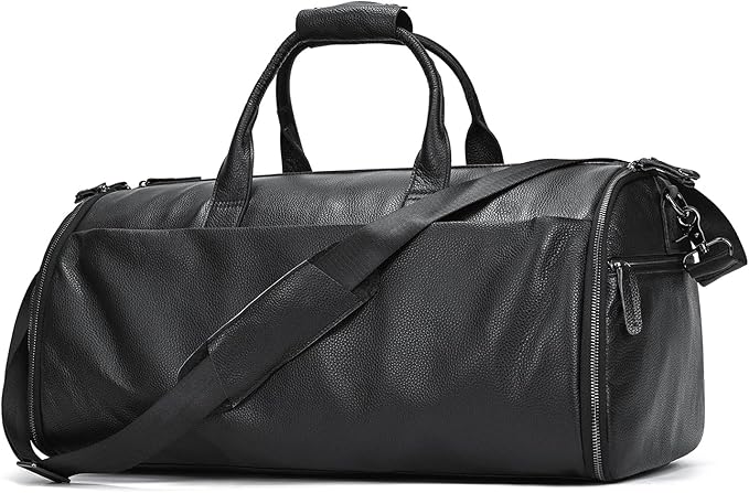 Genuine Leather Garment Bag Large Capacity Travel Bag Business Suit Carrier Bag with Shoe Compartment, Men Women Duffel Bags for Overnight Gym Sports Weekend, Black